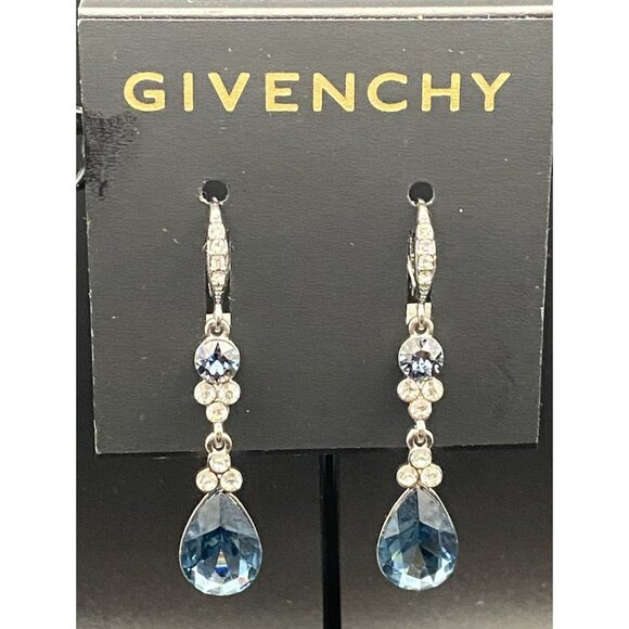 NWT Givenchy Silver Tone Blue Teardrop Crystal Dangle/Drop Earrings 2" MSRP $48 - Picture 1 of 8